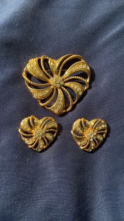 Large Vintage Gold And Cubic Zirconia Heart Brooch Set With Matching Earrings 