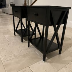 VECELO Modern Versatile Nightstands X-Design Side End Table Night Stand Storage Shelf with Bin Drawer for Living Room Bedroom, Set of 2 (Black)