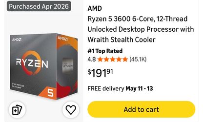 AMD Ryzen 5 3600 6-Core, 12-Thread Unlocked Desktop Processor with Wraith Stealth Cooler