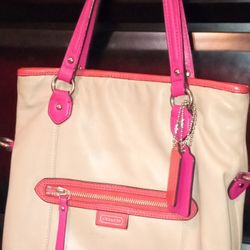 Coach Purse Tan And Pink Leather