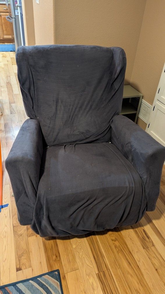 Reclining Glider Rocker Chair with collapsible foot rest. Blue cover. Tan Chair. Somke/Pet free home