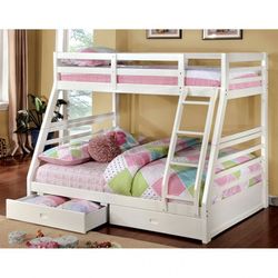 White Twin/Full Bunk Bed with Underbed Drawers 