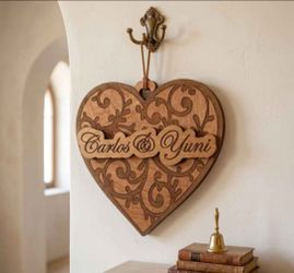 Personalized Couple Name Wooden Heart Wall Hanging - 3D Laser Cut Decor