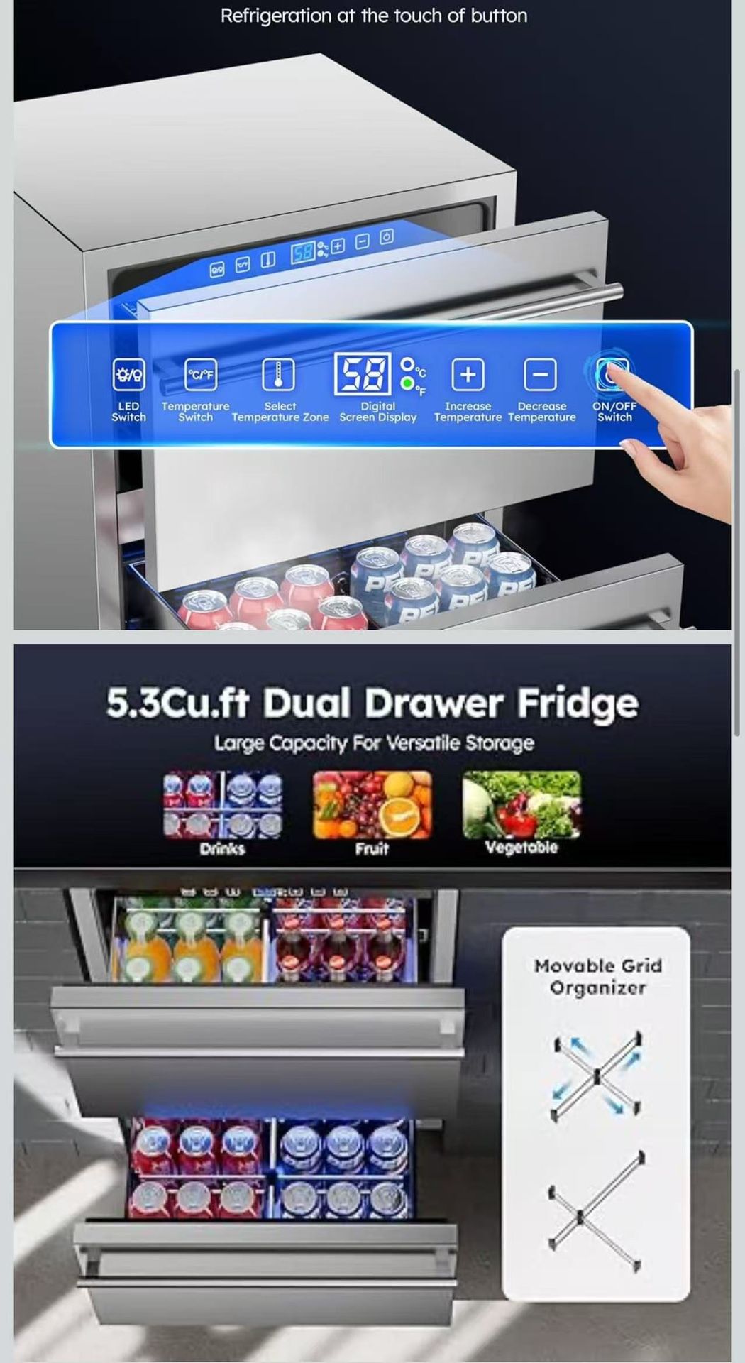 Outdoor Refrigerator for Patio, Stainless Outdoor Drawer Fridge, 24 Inch Undercounter Refrigerators with Wheels, 120 Cans Beverage Fridge, Fast Coolin