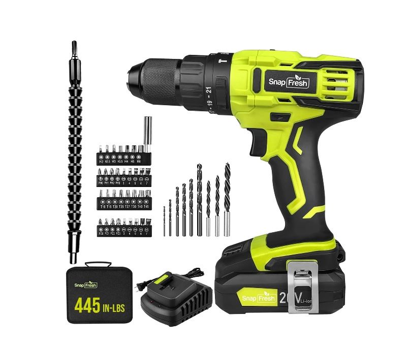 SnapFresh 20V Cordless Drill,1/2 Metal Chuck , 445In-Lbs, 21+1 Torque Setting, 2.0Ah Battery