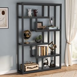 Tribesigns Way to Origin 6-Shelf Modern Bookshelf, Industrial Etagere Bookcase, 69 Inch Tall Storage Display Staggered Shelves with Sturdy Metal Frame