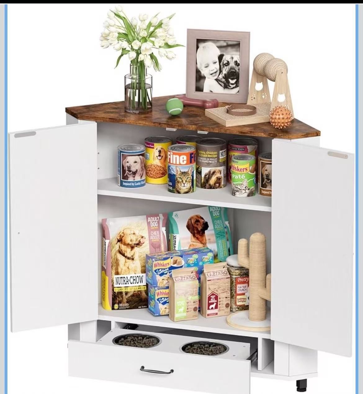Corner Dog Food Storage Cabinet, Dog Feeding Station with 2 Hidden Dog Bowls, Adjustable Panel, 4 Hooks, Feeding Station for $ 100