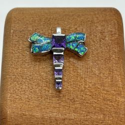 Signed AK 925  Sterling Silver Pendant Fire Opal Amethyst Dragonfly Insect