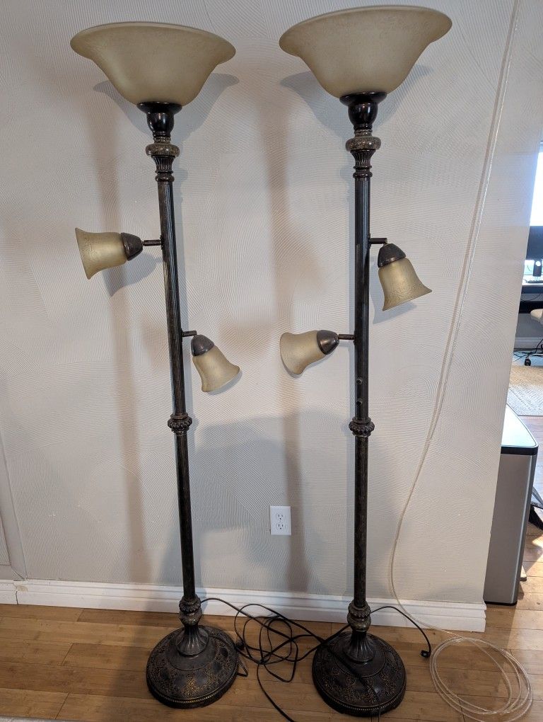 Pair of Bronze Floor Lamps w/ Reading Lights – Great Condition