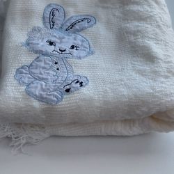 Teyci White Baby Blanket Blue Bunny Applique 38x32" Lovey Acrylic Fringe Nursery