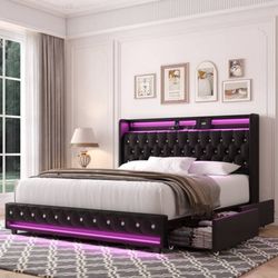 Full Size LED Bed Frame with 4 Storage Drawers, Modern PU Leather Crystal Button
