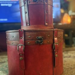 Vintage Red Leather Hat Boxes with Metal Accents