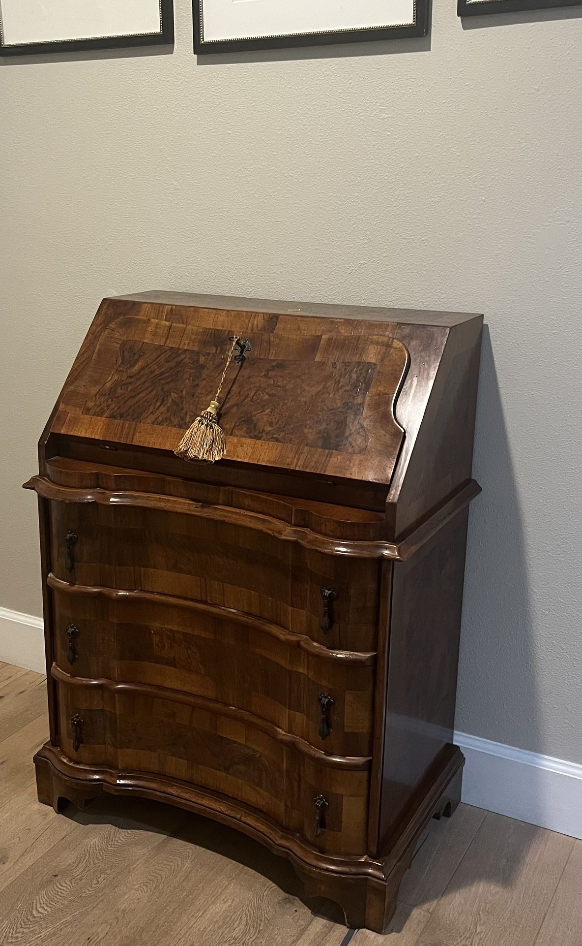 Antique Veronese Burl Walnut Drop Down Secretary 3 Drawer Desk / Cabinet 1800s 