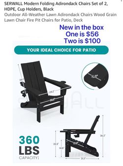 😀 1Pcs($56) or 2Pcs($100) SERWALL Modern Folding Adirondack Chairs, HDPE, Cup Holders, Black Outdoor All-Weather Lawn Adirondack Chairs Wood Grain La