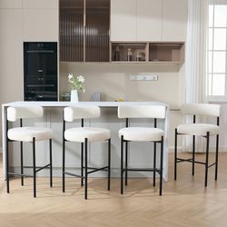 E363-Bar Height Stools, 30'' White Bar Stools Set of 4, Boucle Tall Barstools with Back, Mid-Century Modern Bar Chairs for Kitchen Island, Dining Room