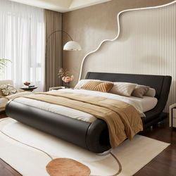 BIG SALE King Size Bed Frame with Curved Adjustable Headboard, Faux Leather Upholstered Platform Bed, Black
