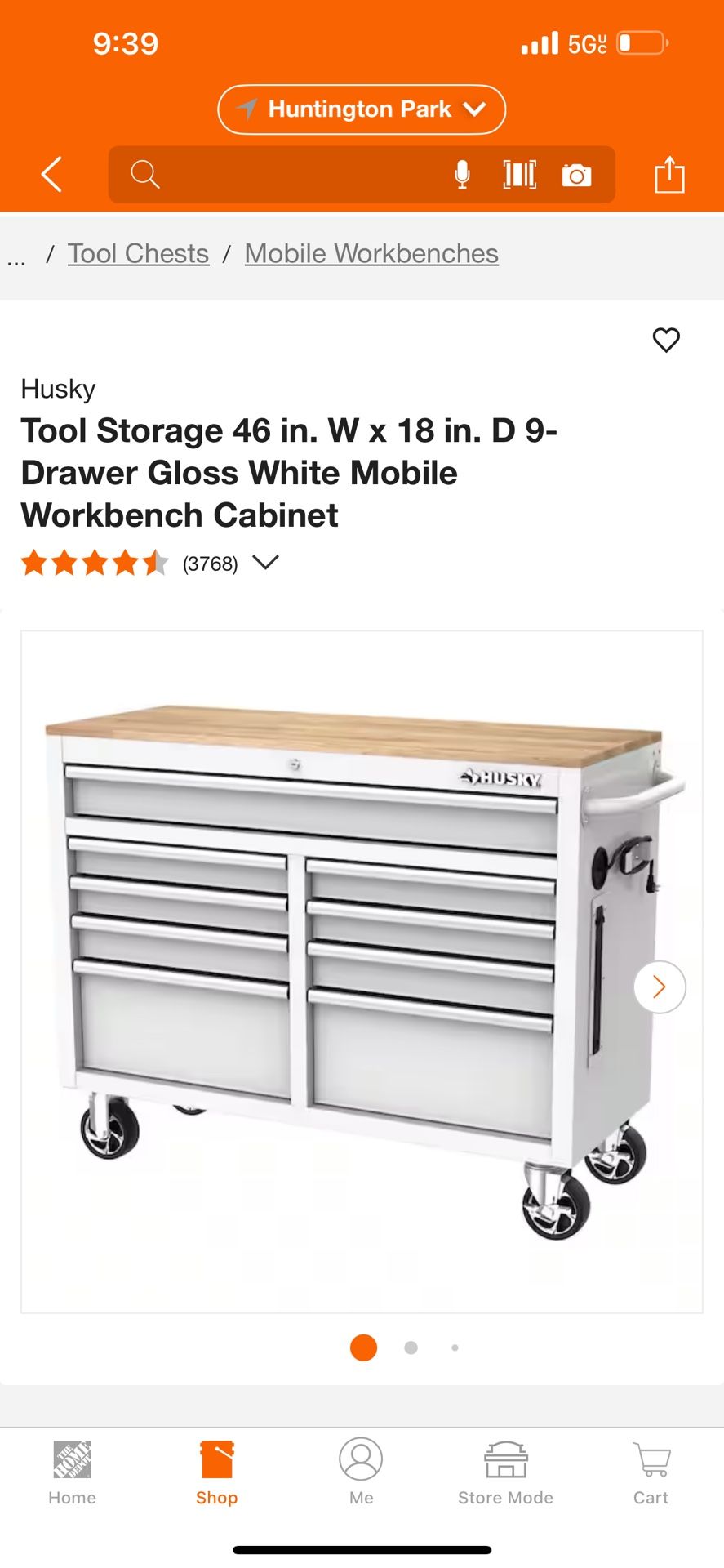 Husky Tool Storage 46 in. W x 18 in. D 9- Drawer Gloss White Mobile Workbench Cabinet
