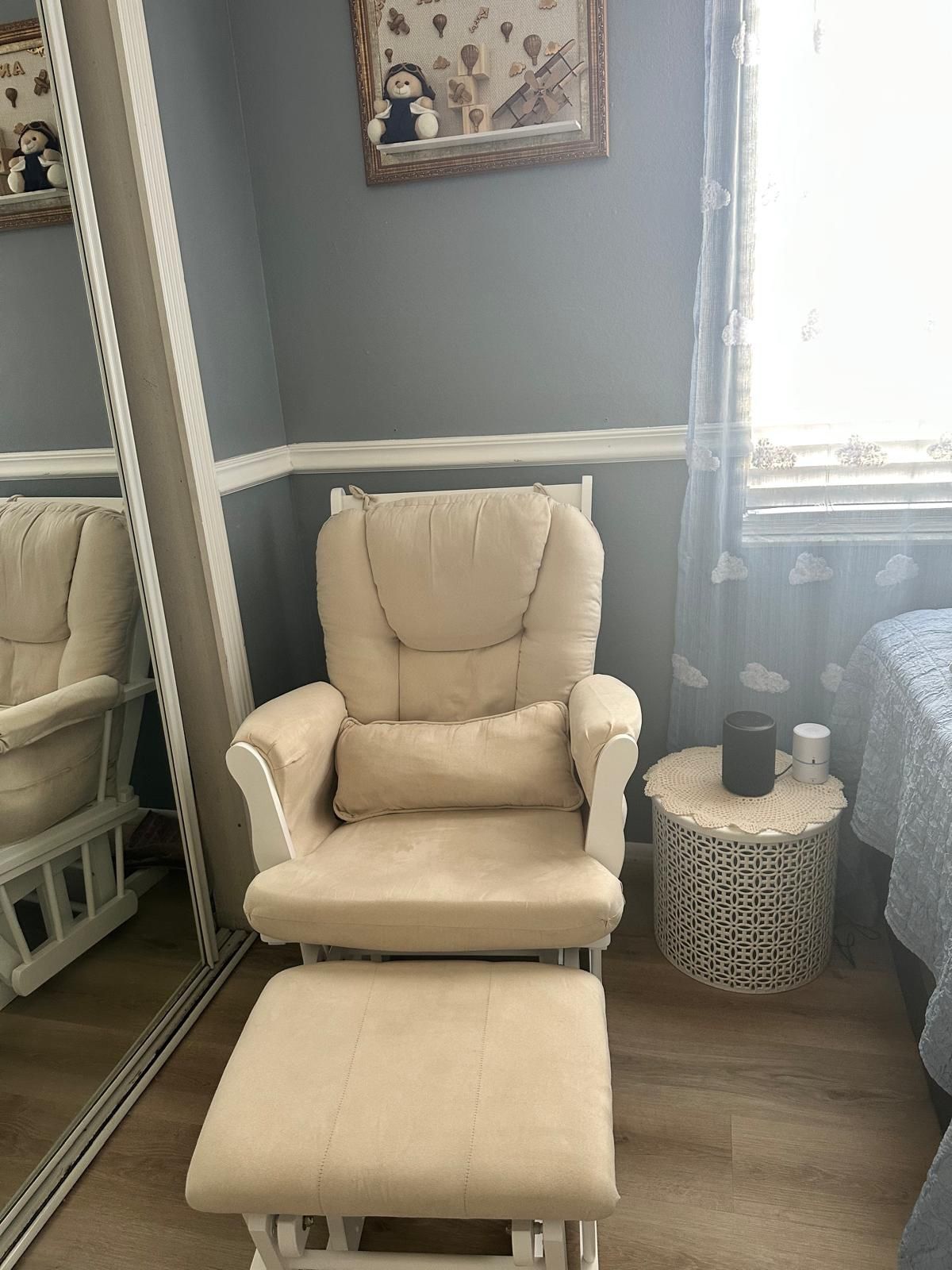 Nursery chair and ottoman and white table stand 100