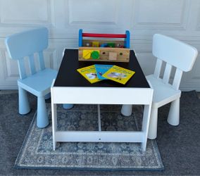 Kids play table, chairs and tool kit.