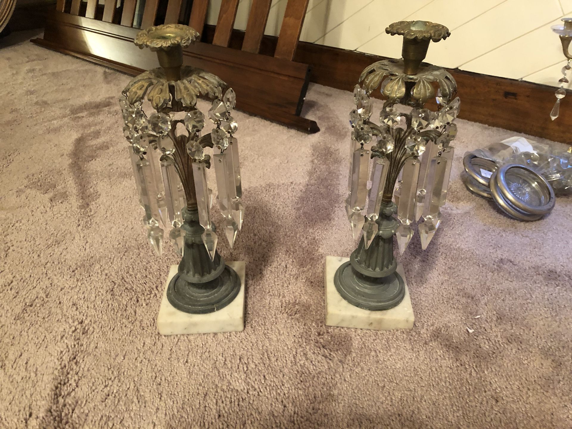 Antique Candelsticks w/Prisms & Marble Base