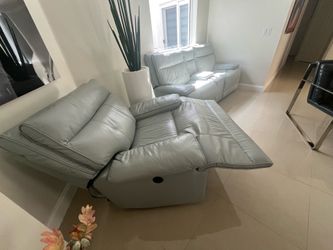 Luxury Genuine Leather Recliner Set – Modern Gray Sofa, Loveseat & Accent Chair