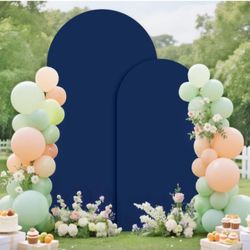 Set of 2 metal backdrop stands with 7.2ft and 6ft spandex wedding arch covers, balloon arch stand, navy blue arch stand for baby shower