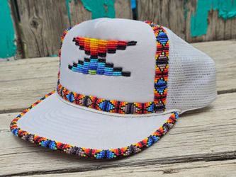 Vintage Native American Beaded White Trucker Cap