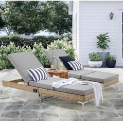2055c  Pool Lounge Chairs Set of 2, Patio Wicker Chaise Lounge Chairs with Infinite Recline Backrest and Removable Cushion,Gray