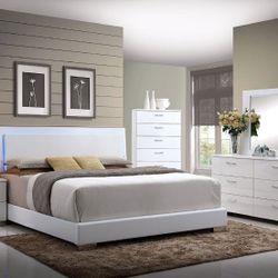 WHITE HIGH GLOSS LED LIGHT 4-PIECE BEDROOM SET-CAMA LUZ