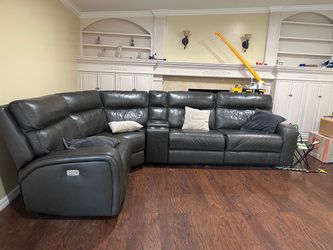 Gray Leather Power Reclining Sectional Sofa