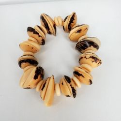 Beachy Coastal "Tagua Style" Tan & Brown Stretch Plastic Chunky Bracelet 9"