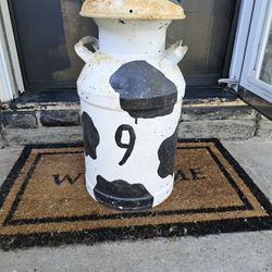 Vintage Farmhouse Milk Can – Cow Print Painted Metal Dairy Can w/ Lid
