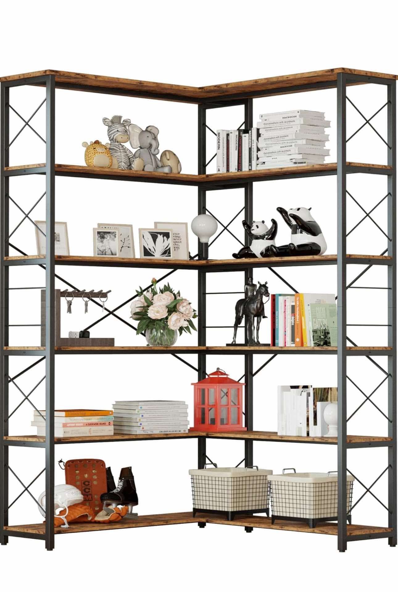 Office, 6-Shelf Corner Bookcase, Vintage Industrial T-3
