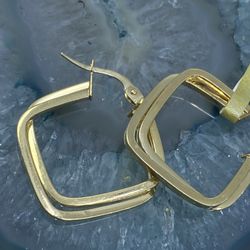 $350 Yellow Gold Square Staggered Hoop Earrings