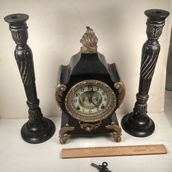 Clean-Used Antique Ansonia Metal-Body Mantle-Clock With (2) Metal Candle-Sticks, $145.00 Cash Or Zelle