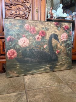 Black Swan and Roses Framed Canvas Art