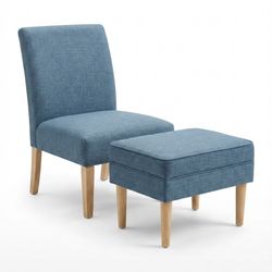 Blue Armless Accent Chair with Matching Ottoman