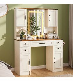 Farmhouse Vanity Desk with LED Lights and Mirror, Large Makeup Vanity Table Set