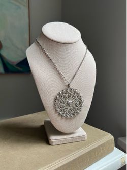 Large Vintage Silver Tone Filigree Pendant Necklace ( firm on price )