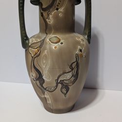 Vintage 12" Russian Art Pottery Vase with Twin Handles and Decorative Design

