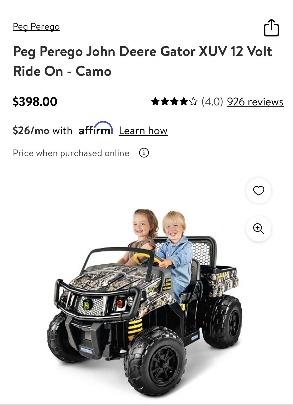 Peg Perego John Deere Gator XUV Camo Power Truck