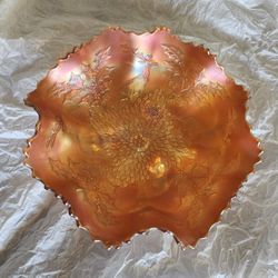 Antique Fenton Marigold Stag & Holly Carnival Glass Footed Bowl Ruffled