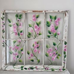 painting flowers on a vintage window fram Aet