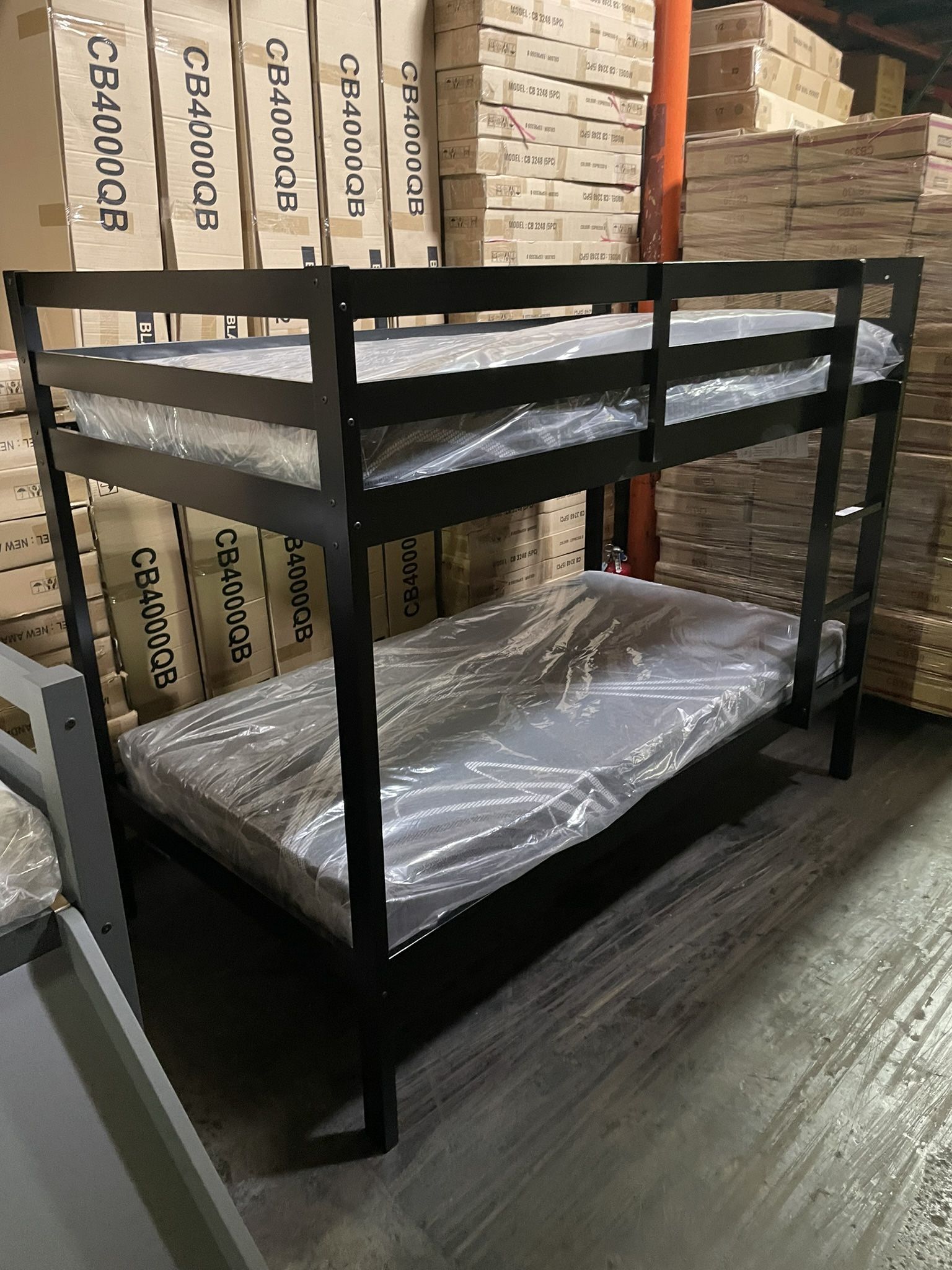 Twin bunk bed. Comes in espresso, white & grey. Assembly required. Assembly not included. Taxes included. Free delivery. Bunk bed only-$220 Bunk bed