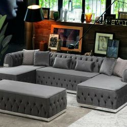 Jester Velvet Gray Double Chaise Sectional Without Ottoman

