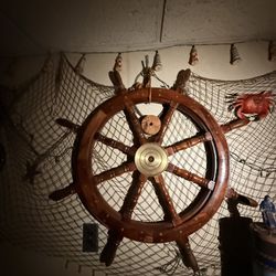 Large Nautical Ship Wheel – Solid Wood with Brass Center