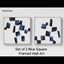 Brand New Set Of 2 Blue Square Framed Wall Art 