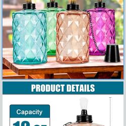 Glass Table Top Torch, Outdoor Torch Canisters 12 oz,Refill Canister with Wicks and Covers, Patio Metal Torch for Luau Party, DIY Garden Decor (4 Pack