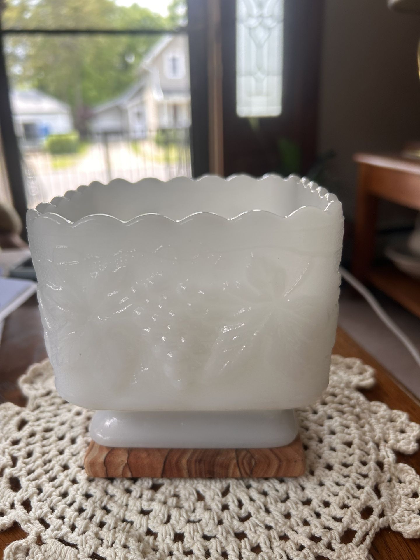 Vintage Square Footed White Milk Glass Candy Dish/Planter Harvest Grape Pattern