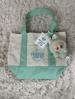 Authentic Labubu Have A Seat & Trader Joes Pastel Mini Tote Bag